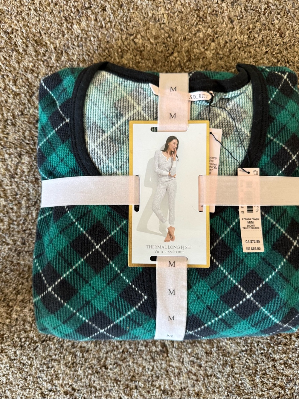 Victoria's Secret Green and Black Argyle Thermal Pajama Set